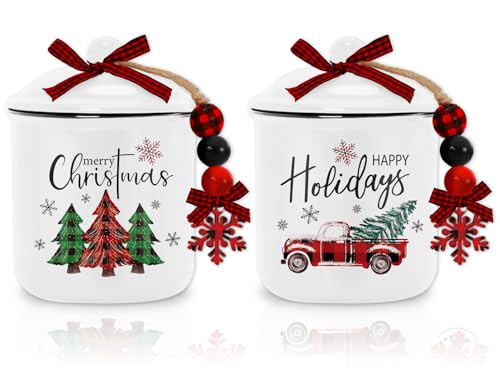 Christmas Mini Ceramic Canister Set with Santa Truck & Tree Design - Holiday Candy Jar & Decor