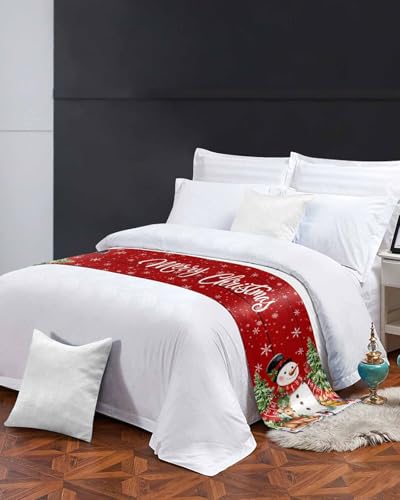 Red Christmas Snowman Bed Runner for Full/Queen Size Bed (83x20 Inches)