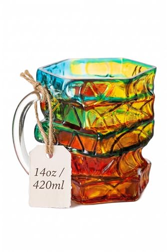 3D Stained Glass Book Mug 14oz – Thick Glass Coffee Tea Cup with Stacked Books Design