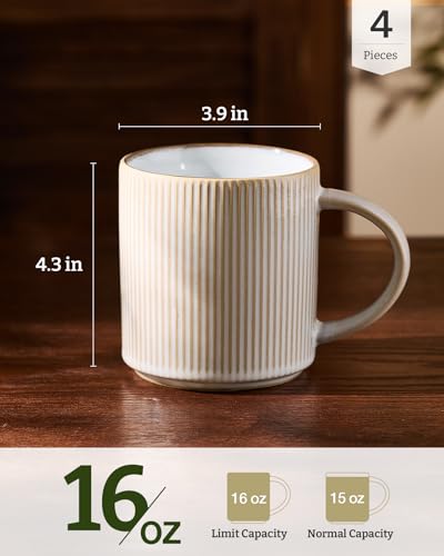 Famiware Cappuccino White 16 oz Coffee Mug Set of 4 - Handcrafted, Stackable, Dishwasher & Microwave Safe
