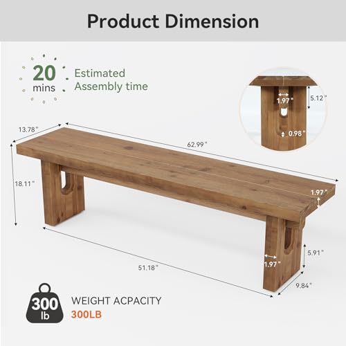 63" Solid Wood Farmhouse Dining Bench, Rustic Indoor Entryway Seating