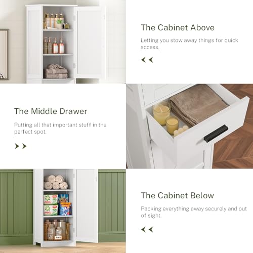 Tall Bathroom Storage Cabinet with Drawer and 6 Adjustable Shelves, White