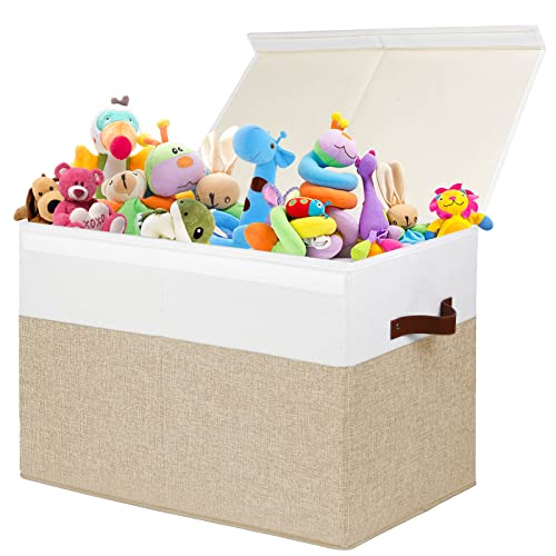 Large Toy Storage Box with Lid and Dividers, 25" Linen Toy Chest