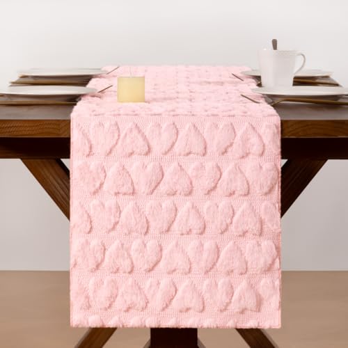 Pink Heart Valentine's Day Plush Faux Fur Jacquard Table Runner 13" x 72" - Socomi
