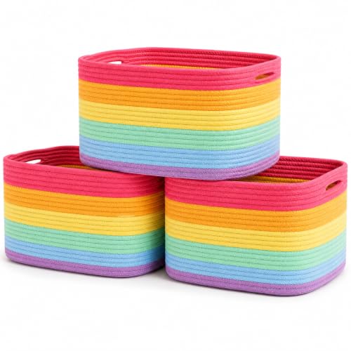 Rainbow Cotton Rope Storage Baskets Set of 3 for Shelves 15x9x10