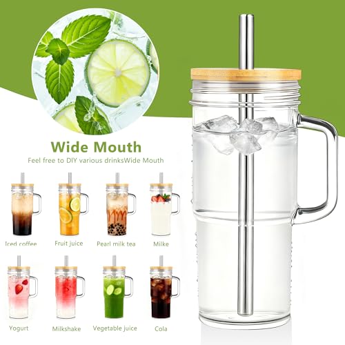 24oz Glass Tumbler with Handle, Bamboo Lid and Stainless Steel Straw