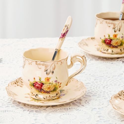 YOLIFE Floral Porcelain Tea Saucer Set of 4, 5.8 Inch Elegant Vintage Tea Plates