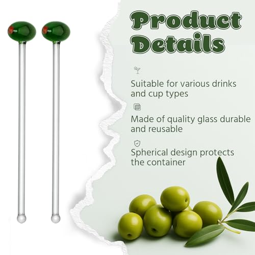Qinyoung Martini Olive Glass Drink Stirrers - Reusable 7 Inch Cocktail & Coffee Swizzle Sticks (12 Pack)