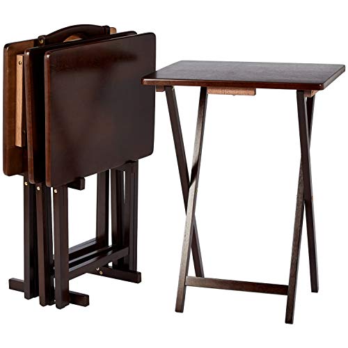Foldable Wood TV Tray Table Set with Storage Stand, Espresso, 4-Pack