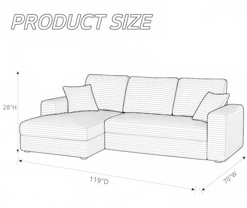 119-Inch Modular Sectional Couch, Corduroy L-Shaped Sofa with Left Chaise