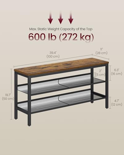 3-Tier Industrial Shoe Bench with Storage Shelves - Rustic Brown