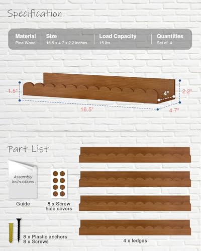 Scalloped Wooden Floating Wall Shelves for Nursery - Set of 4, Walnut