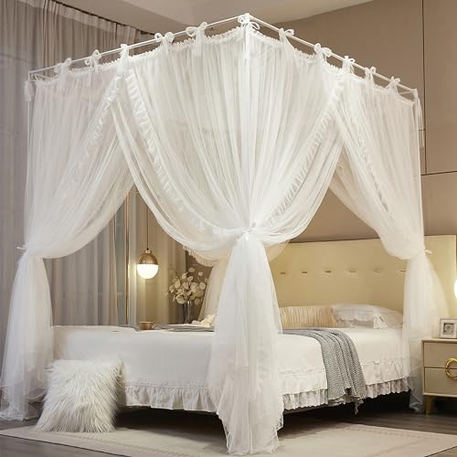 4-Corner Princess Bed Canopy Queen Size - Double Layer Netting Curtain