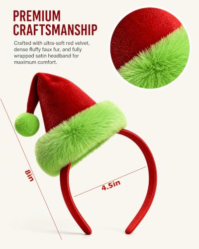 Christmas Santa Hat Headband Red Velvet Green Furry Trim Women Xmas Cosplay