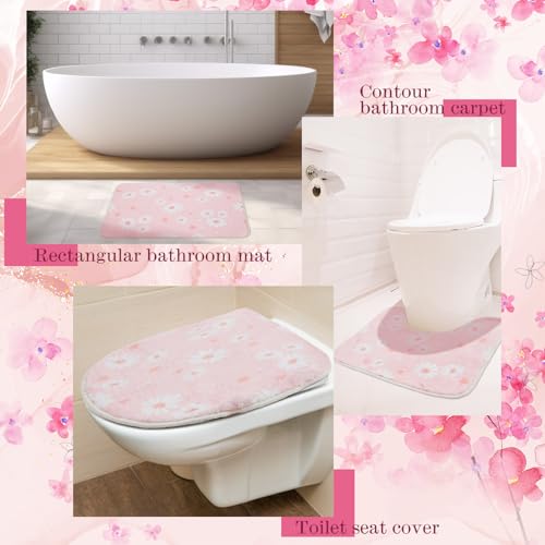 3-Piece Pink Daisy Bathroom Rug Set - Non-Slip Bath Mat & Toilet Lid Cover
