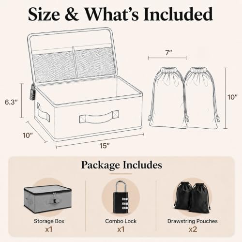 Lockable Privacy Storage Box with Combination Lock and 2 Soft Bags, Gray
