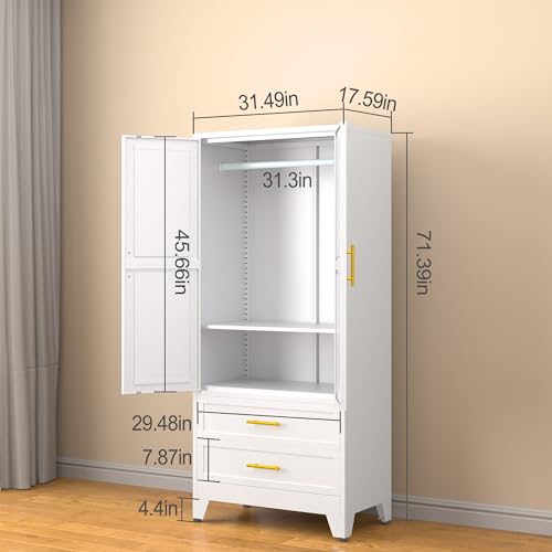 71-Inch Metal Wardrobe Closet with Hanging Rod, Adjustable Shelves and Drawers
