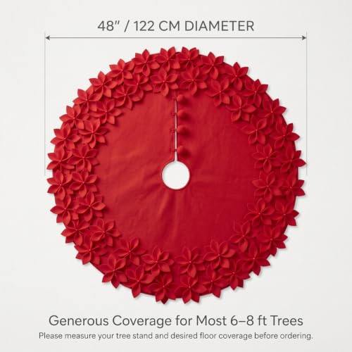 48 Inch Red Handmade Felt Christmas Tree Skirt with Poinsettia Ball Edge