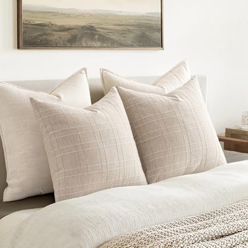 MIULEE Linen Plaid Throw Pillow Covers 20x20 - Set of 2 Neutral Cushion Covers