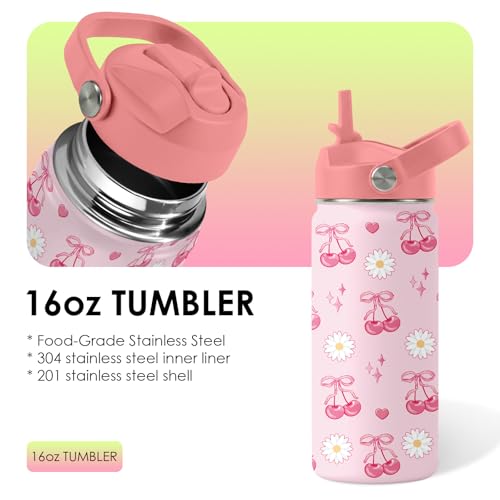 Insulated Stainless Steel Kids Water Bottle with Straw 16oz Cherry Design