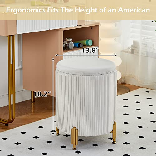 Round Velvet Storage Ottoman with Metal Legs, Cream Padded Footstool