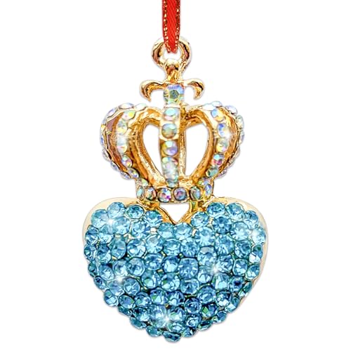 JUESMOS Blue Love Heart Crown Christmas Ornaments with Rhinestones