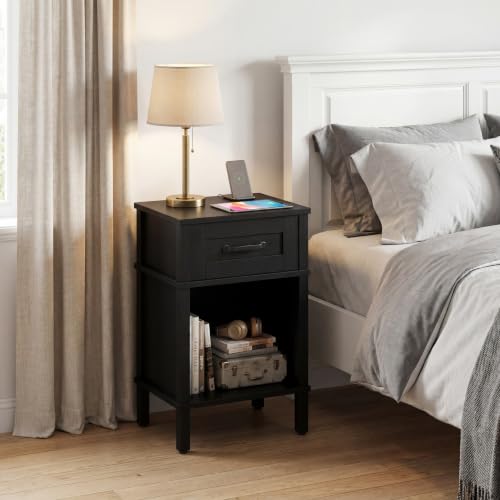 Modern Black Nightstand with Drawer - Small Wooden Bedside End Table