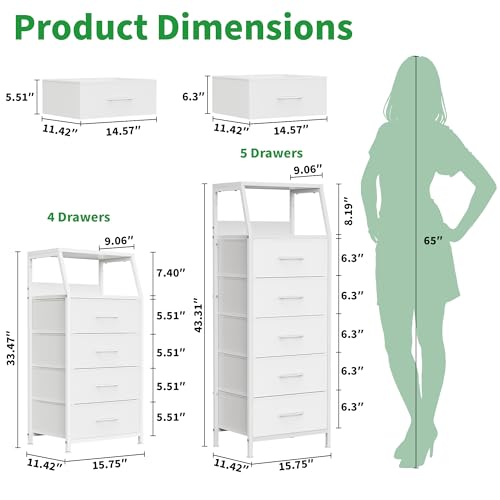 5-Drawer Tall Fabric Dresser with Wood Top and Steel Frame