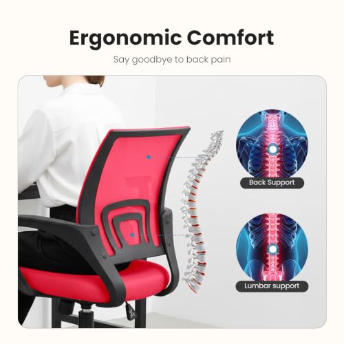 Ergonomic Mesh Office Desk Chair with Lumbar Support & Swivel - Red