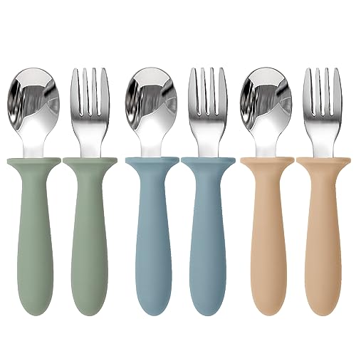 Eascrozn Toddler Utensils 6-Pack - Stainless Steel Forks & Spoons with Silicone Handles