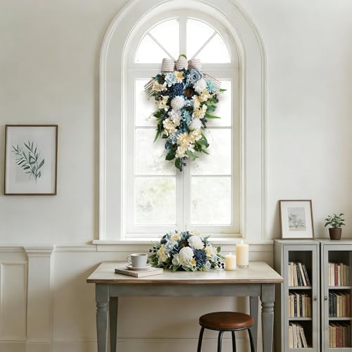 25-Inch Artificial Floral Door Swag with Blue Roses and White Hydrangeas