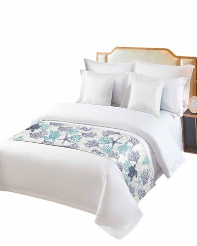 Coastal Sea Turtle Bed Runner for Full/Queen Bed - 83x20 Satin Bed Scarf