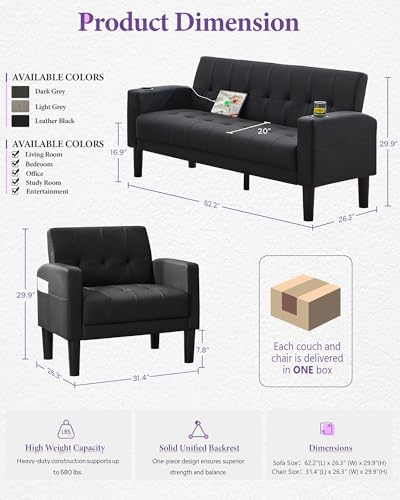 Modern PU Leather Loveseat and Chair Set with USB Charging and Cup Holders