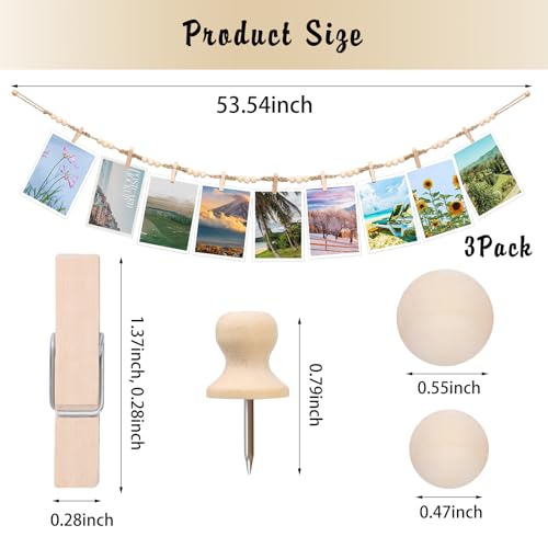 Boho Wooden Bead Hanging Photo Display Garland with 30 Clips and 24 Pegs