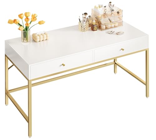 Modern 47-Inch Vanity Desk with Two Drawers, White and Gold Makeup Table