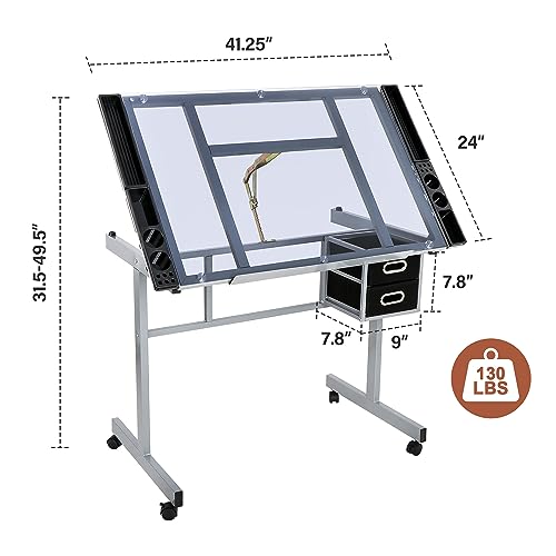 Adjustable Glass Top Drafting Table with Drawers and Wheels for Art & Design