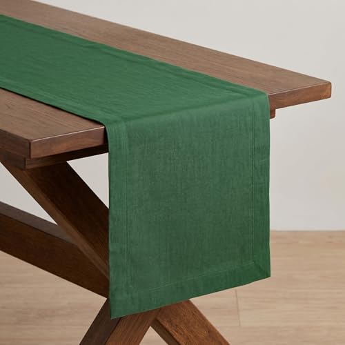 Solino Home 100% Pure Linen Table Runner Pine Green 14 x 36 in - Elegant Home Decor