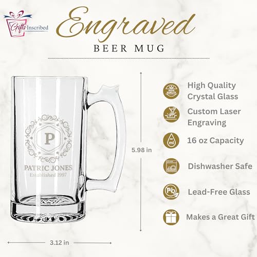 Personalized 16 oz Beer Mug - Custom Engraved Glass for Men