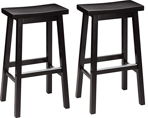 Solid Wood Saddle Seat Bar Stools with Footrest, 29-Inch - Set of 2, Black