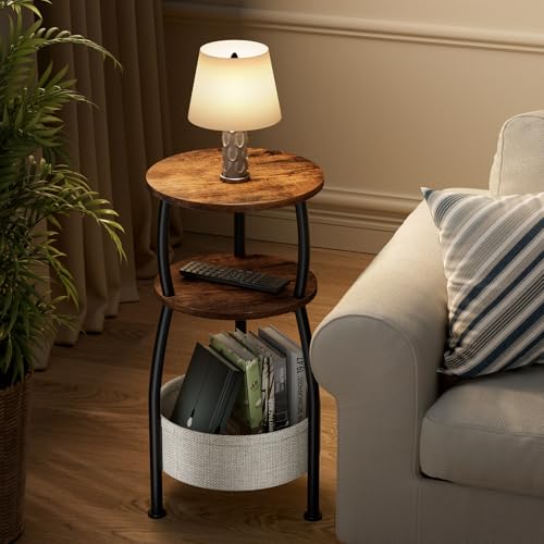 3-Tier Round Side Table with Storage Basket, 24" Small End Table, Rustic Brown