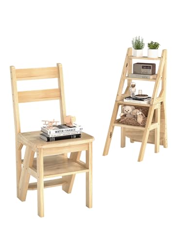 3-in-1 Wooden Folding Library Ladder and Step Stool, 300lb Capacity