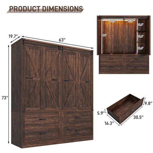 Farmhouse Sliding Barn Door Wardrobe with LED Motion Sensor Lights & Drawers