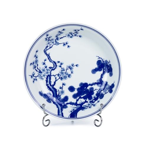 8-Inch Blue and White Ceramic Decorative Plate with Display Stand