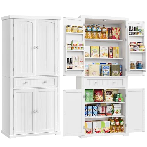 Freestanding Tall Kitchen Pantry Cabinet with Drawer & Door Shelves - White