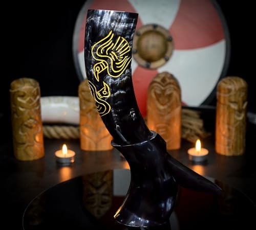 Handcrafted Viking Drinking Horn with Leather Holster and Stand - 12-14oz