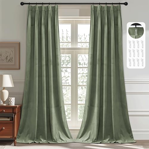 StangH Sage Green Pinch Pleated Velvet Curtains 2 Panels 38"W x 108"L