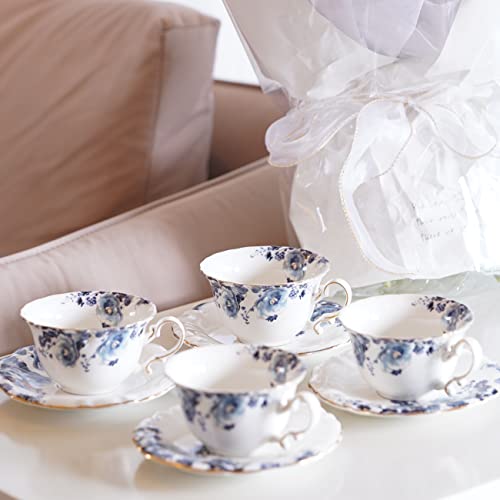 Jomop Blue and White Ceramic Tea Cups & Saucers Set of 4 - Porcelain Coffee & Tea Service