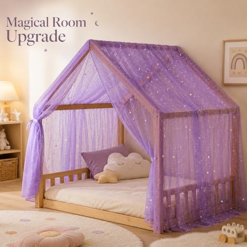 Purple Star Moon Bed Canopy for Kids Room, Sheer Tulle Drape 60x158 Inches