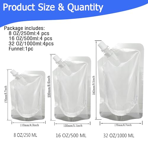 12Pcs Reusable Plastic Flasks Set with Funnel - 8OZ, 16OZ, 32OZ Food Grade Leak-Proof Drink Pouches