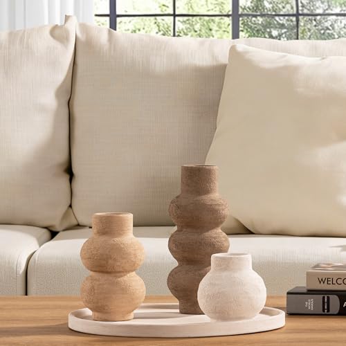 Modern Farmhouse Ceramic Flower Vase Set of 3 - Decorative Table Centerpiece